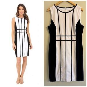 Calvin Klein grid pattern light pink and black sheath dress